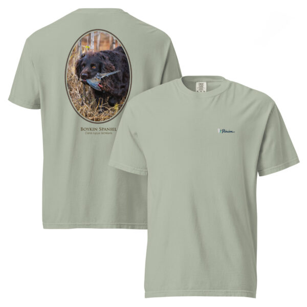 unisex-garment-dyed-heavyweight-t-shirt-bay-front-and-back-68d6ca5b6d9da.jpg Boykin Spaniel graphic on light gray t-shirt