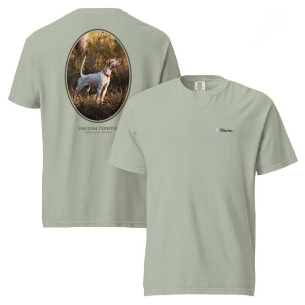 unisex-garment-dyed-heavyweight-t-shirt-bay-front-and-back-68dbfc81786cd.jpg T-shirt with English Pointer dog design.