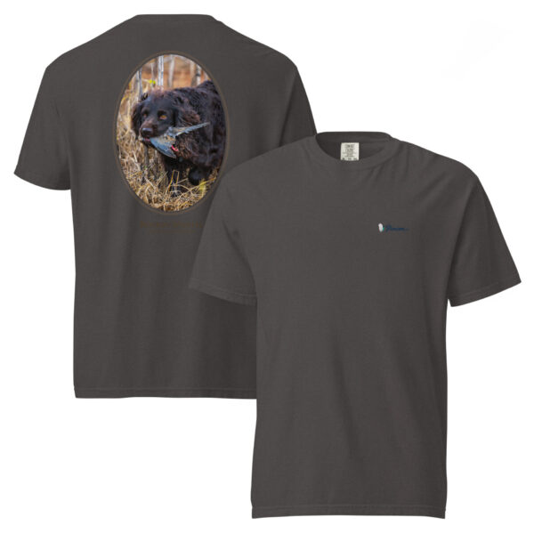 unisex-garment-dyed-heavyweight-t-shirt-graphite-front-and-back-68d6ca5b6e4c5.jpg Graphic T-shirt with dog and duck image.