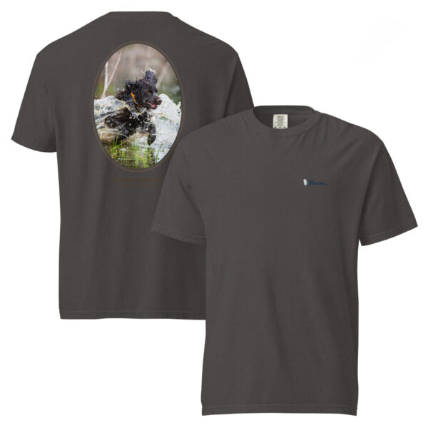 unisex-garment-dyed-heavyweight-t-shirt-graphite-front-and-back-68dbf72b89451.jpg Brown T-shirt with diving dog graphic.