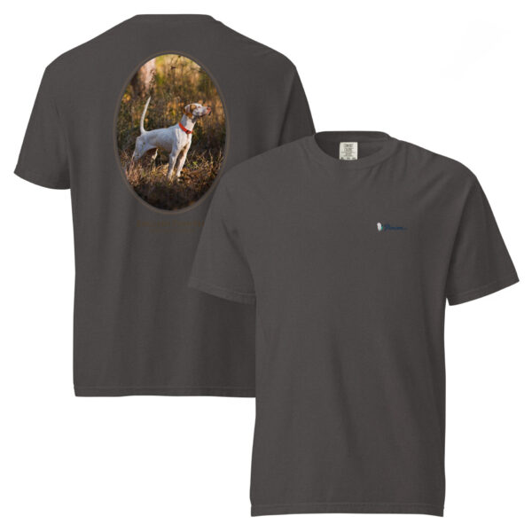 unisex-garment-dyed-heavyweight-t-shirt-graphite-front-and-back-68dbfc8173161.jpg T-shirt with English Pointer design on back.