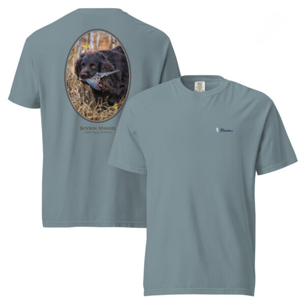 unisex-garment-dyed-heavyweight-t-shirt-ice-blue-front-and-back-68d6ca5b6e581.jpg Boykin Spaniel graphic T-shirt, gray color.