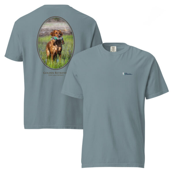 unisex-garment-dyed-heavyweight-t-shirt-ice-blue-front-and-back-68dbf768a34c7.jpg Gray T-shirt with golden retriever print