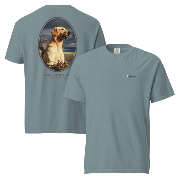 unisex-garment-dyed-heavyweight-t-shirt-ice-blue-front-and-back-68dbf87a183a7.jpg Blue T-shirt with Labrador Retriever design