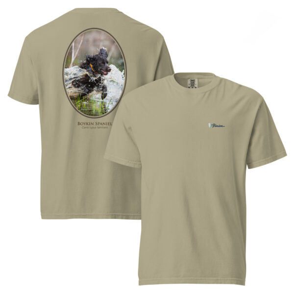 unisex-garment-dyed-heavyweight-t-shirt-khaki-front-and-back-68dbf72b8b04a.jpg Beige shirt with Boykin Spaniel water action image