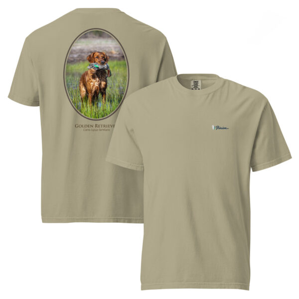 unisex-garment-dyed-heavyweight-t-shirt-khaki-front-and-back-68dbf768a5541.jpg T-shirt with Golden Retriever image on back.