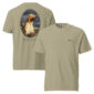Labrador Retriever printed on beige T-shirt, nature background.
