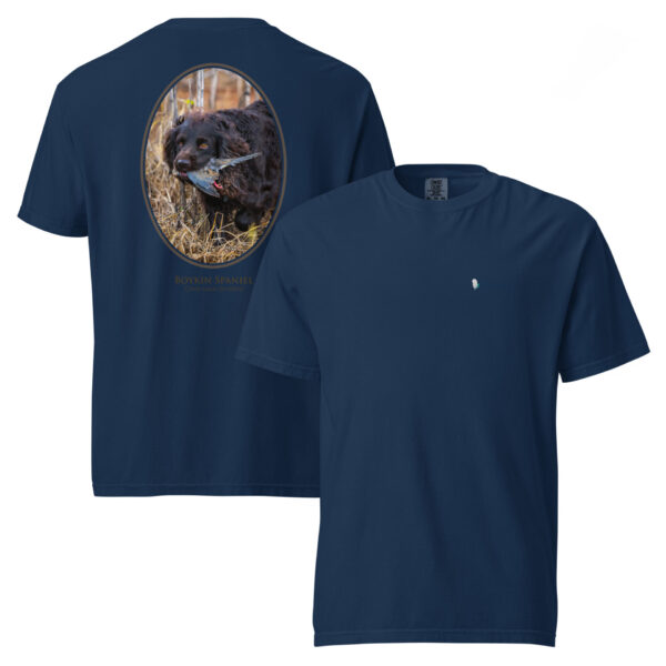unisex-garment-dyed-heavyweight-t-shirt-navy-front-and-back-68d6ca5b6e742.jpg Navy T-shirt with dog hunting graphic design.