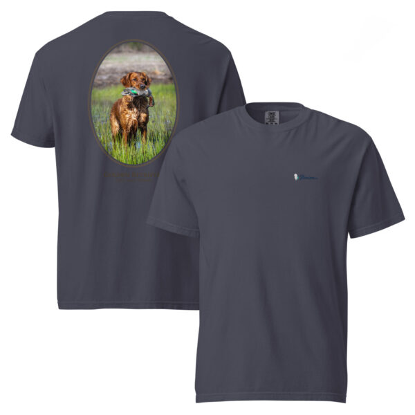 unisex-garment-dyed-heavyweight-t-shirt-navy-front-and-back-68dbf768a2393.jpg Navy T-shirt with golden retriever print