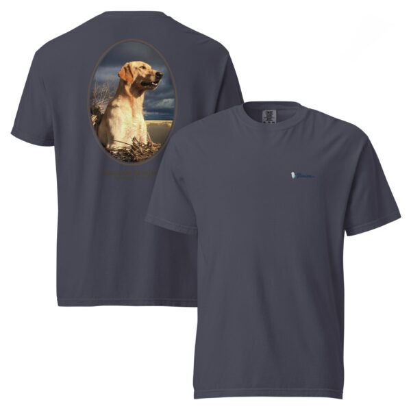 unisex-garment-dyed-heavyweight-t-shirt-navy-front-and-back-68dbf87a17014.jpg Gray T-shirt with Labrador Retriever design.