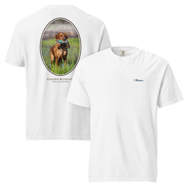 unisex-garment-dyed-heavyweight-t-shirt-white-front-and-back-68dbf768adfe1.jpg White t-shirt with Golden Retriever design
