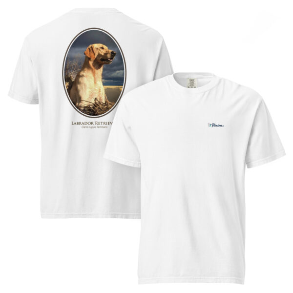 unisex-garment-dyed-heavyweight-t-shirt-white-front-and-back-68dbf87a206bb.jpg White T-shirt with Labrador Retriever design