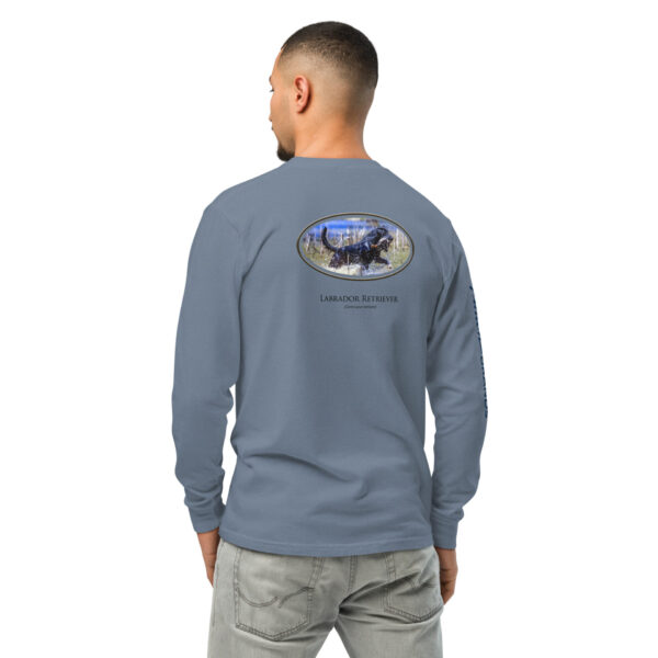 unisex-garment-dyed-heavyweight-long-sleeve-shirt-blue-jean-back-68dfdaf0d9fe6.jpg Man wearing blue Labrador Retriever shirt