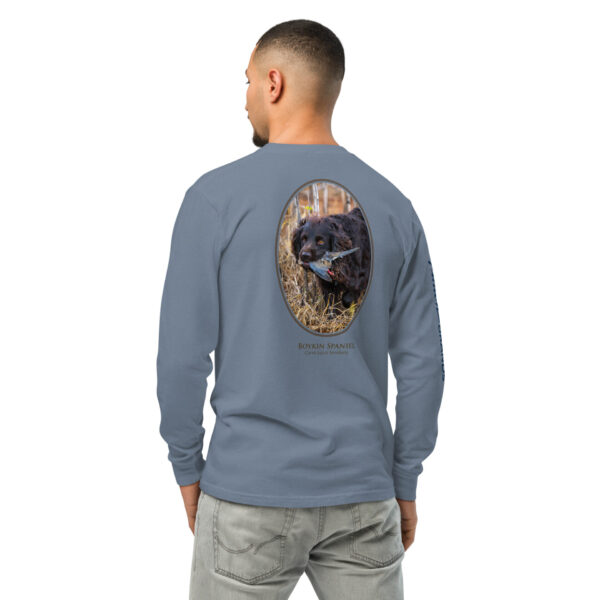 unisex-garment-dyed-heavyweight-long-sleeve-shirt-blue-jean-back-68e005dd0b57b.jpg Man wearing shirt with Boykin Spaniel dog design.