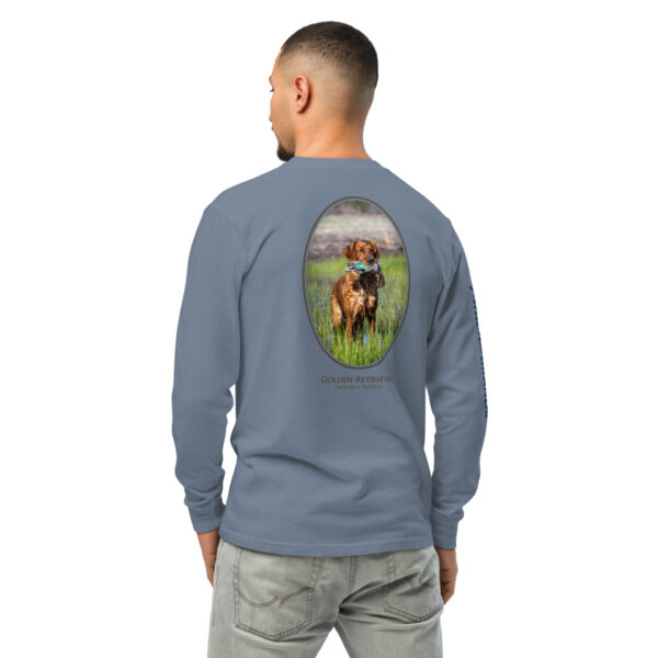 unisex-garment-dyed-heavyweight-long-sleeve-shirt-blue-jean-back-68e00666887cd.jpg Man wearing long-sleeve shirt with dog image.
