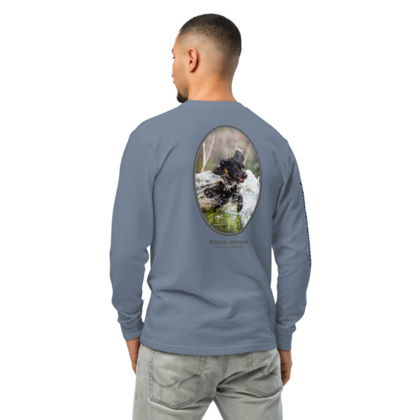 unisex-garment-dyed-heavyweight-long-sleeve-shirt-blue-jean-back-68e006df0da14.jpg Man in blue shirt with dog image on back.