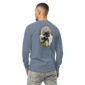 Man in blue shirt with dog image on back.