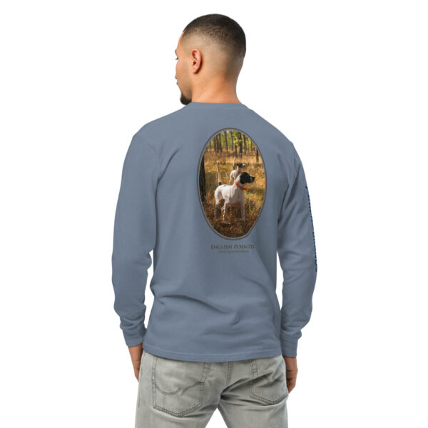 unisex-garment-dyed-heavyweight-long-sleeve-shirt-blue-jean-back-68e007aeeb5af.jpg Man wearing shirt with dog image on back