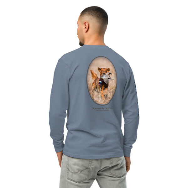 unisex-garment-dyed-heavyweight-long-sleeve-shirt-blue-jean-back-68e008b1c4d6e.jpg Man wearing shirt with Golden Retriever print.