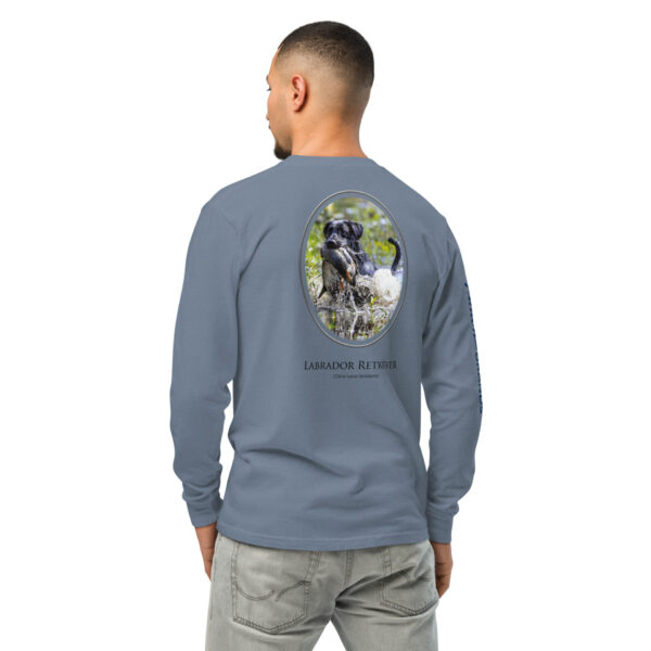unisex-garment-dyed-heavyweight-long-sleeve-shirt-blue-jean-back-68e0098aadf21.jpg Man wearing Labrador Retriever long-sleeve shirt
