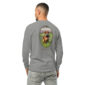 Man wearing gray shirt with dog design.