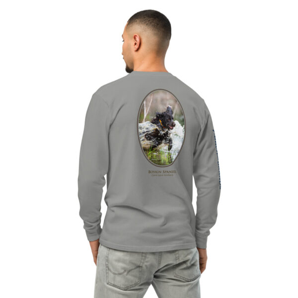 unisex-garment-dyed-heavyweight-long-sleeve-shirt-grey-back-68e006df11b51.jpg Man wearing gray shirt with dog design on back.