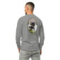 Man wearing gray shirt with dog design on back.