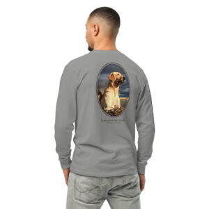 Man wearing Labrador Retriever shirt with dog print.