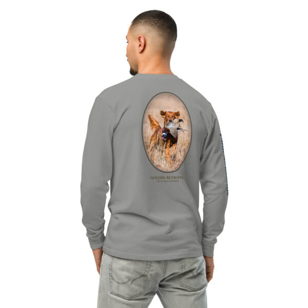 unisex-garment-dyed-heavyweight-long-sleeve-shirt-grey-back-68e008b1c995e.jpg Man wearing shirt with golden retriever print.