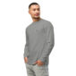 Person wearing gray long-sleeve shirt and jeans.