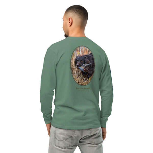 unisex-garment-dyed-heavyweight-long-sleeve-shirt-light-green-back-68e005dd0cc32.jpg Man wearing green shirt with dog image