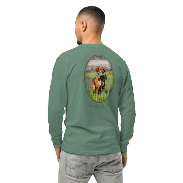 unisex-garment-dyed-heavyweight-long-sleeve-shirt-light-green-back-68e0066689c4e.jpg Man wearing green shirt with Golden Retriever print