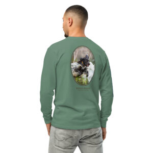 Green shirt with dog print on back.