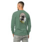 Green shirt with dog print on back.
