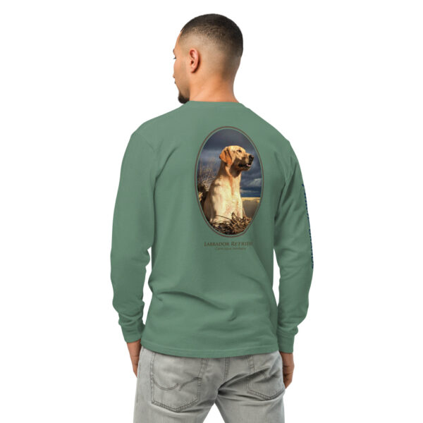 unisex-garment-dyed-heavyweight-long-sleeve-shirt-light-green-back-68e0074199ea4.jpg Man wearing green Labrador Retriever shirt