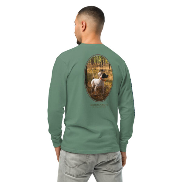 unisex-garment-dyed-heavyweight-long-sleeve-shirt-light-green-back-68e007aeed29b.jpg Green shirt with hunting dog graphic on back.