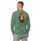 Green shirt with hunting dog graphic on back.