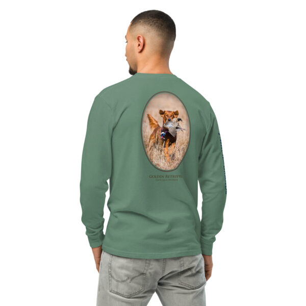 unisex-garment-dyed-heavyweight-long-sleeve-shirt-light-green-back-68e008b1c6ecf.jpg Man wearing green shirt with dog print on back.