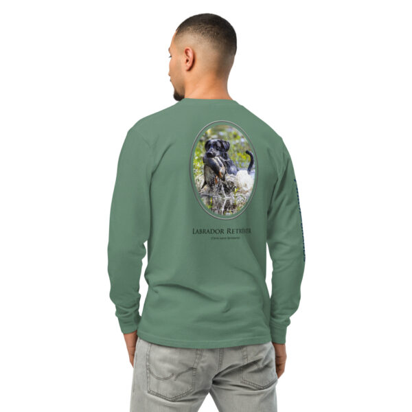 unisex-garment-dyed-heavyweight-long-sleeve-shirt-light-green-back-68e0098aaf794.jpg Man wearing green Labrador Retriever graphic shirt