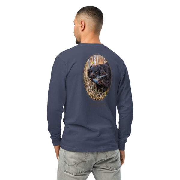 unisex-garment-dyed-heavyweight-long-sleeve-shirt-navy-back-68e005dd0a942.jpg Man wearing shirt with dog print on back.