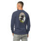 Man wearing shirt with dog print on back.