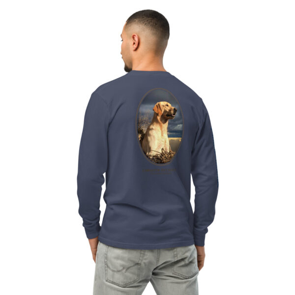 unisex-garment-dyed-heavyweight-long-sleeve-shirt-navy-back-68e00741976a1.jpg Man wearing shirt with Labrador Retriever print.