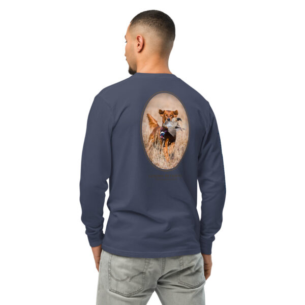 unisex-garment-dyed-heavyweight-long-sleeve-shirt-navy-back-68e008b1c3958.jpg Man wearing shirt with dog hunting image