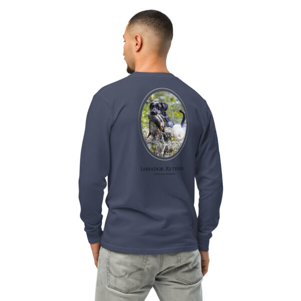 unisex-garment-dyed-heavyweight-long-sleeve-shirt-navy-back-68e0098aad2b8.jpg Man wearing Labrador Retriever themed shirt