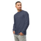 Man wearing navy blue long-sleeve shirt.