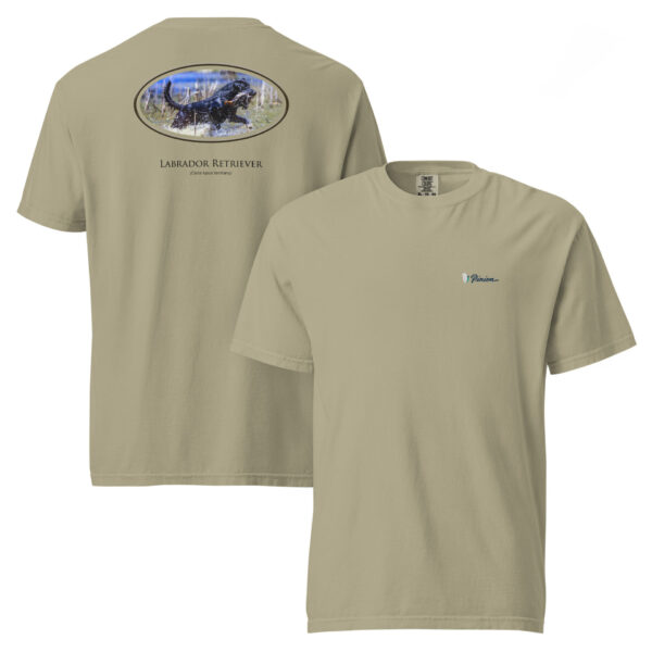 unisex-garment-dyed-heavyweight-t-shirt-khaki-front-and-back-68dd5fb8edd91.jpg Tan T-shirt with Labrador Retriever design.