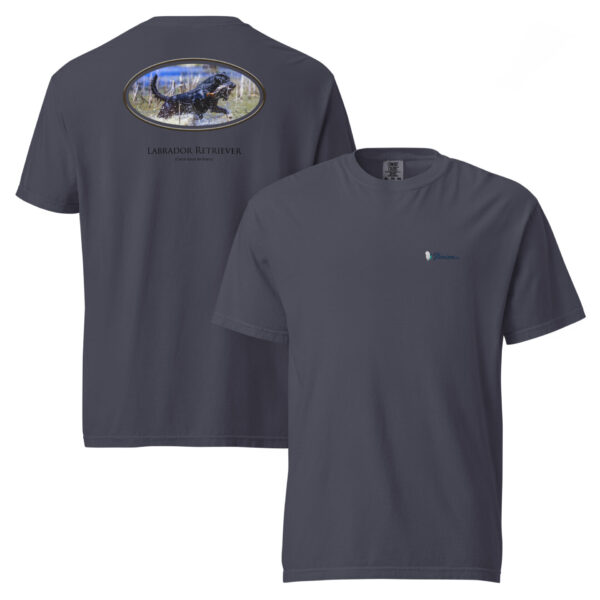 unisex-garment-dyed-heavyweight-t-shirt-navy-front-and-back-68dd5fb8ec9a9.jpg Gray Labrador Retriever graphic t-shirt, front and back design.