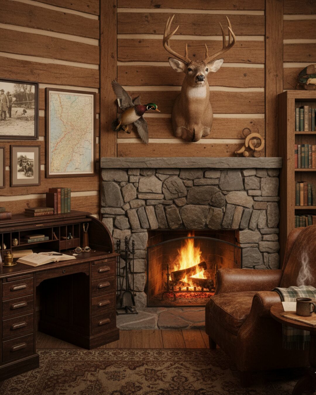 Cozy cabin with fireplace, deer mount, and books.
