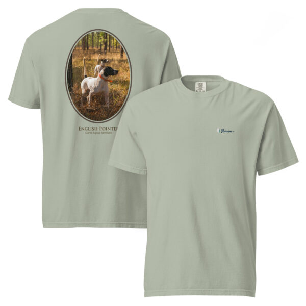 unisex-garment-dyed-heavyweight-t-shirt-bay-front-and-back-691cee602a99f.jpg T-shirt featuring an English Pointer design.