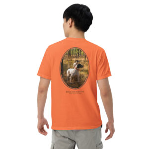 Person wearing orange shirt with English Pointer image.